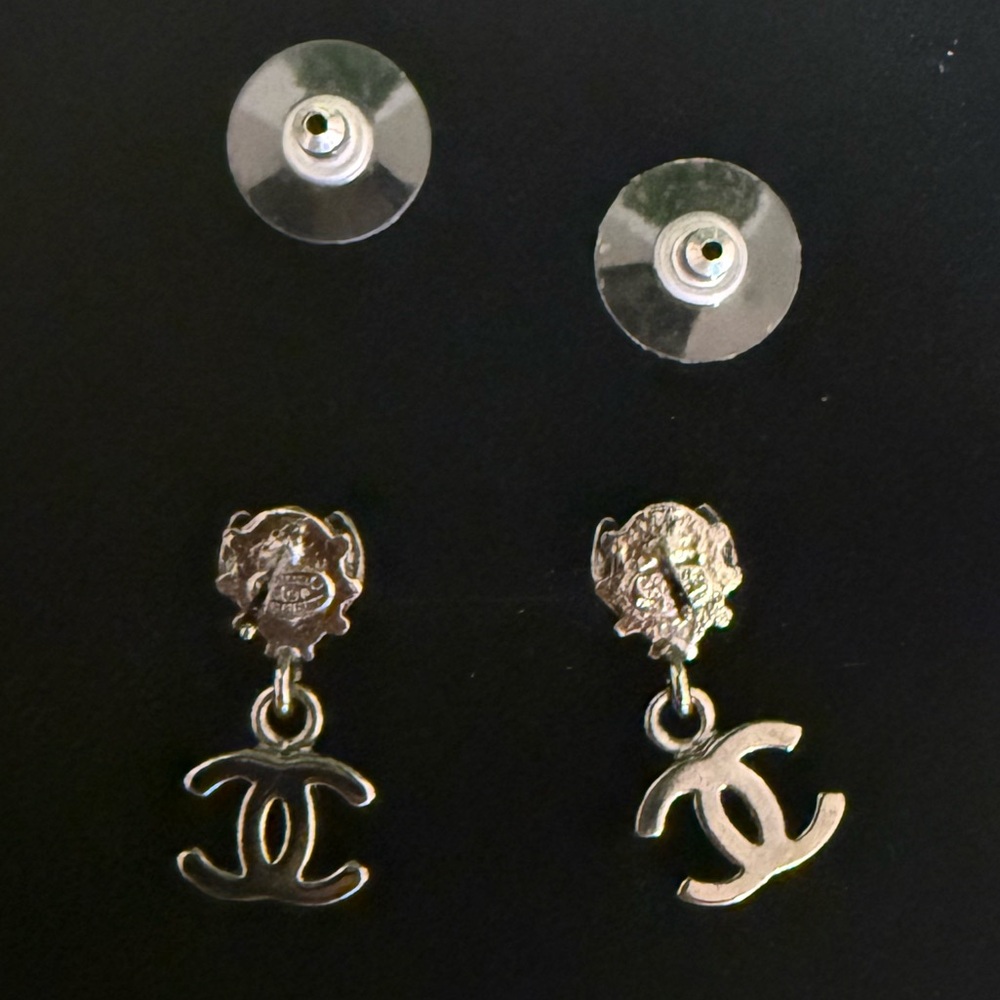CHANEL Red and Silver Gunmetal Ladybug Drop CC Dangle Earrings - Picture 3 of 4
